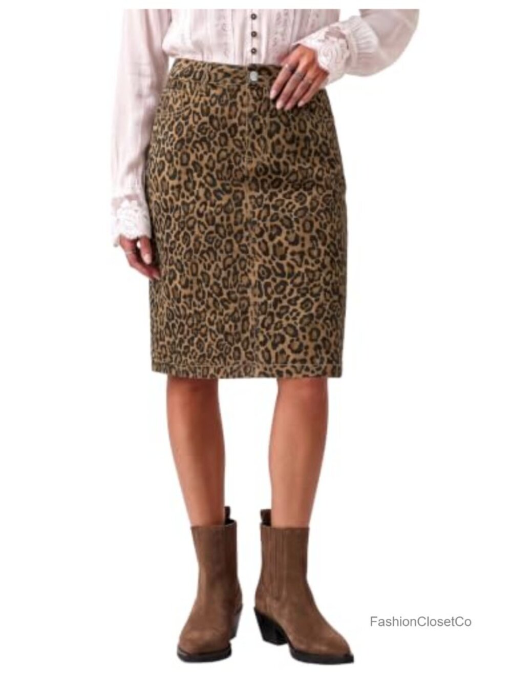 Leopard Print Midi Skirt High Waisted A-Line Cotton Blend Women's